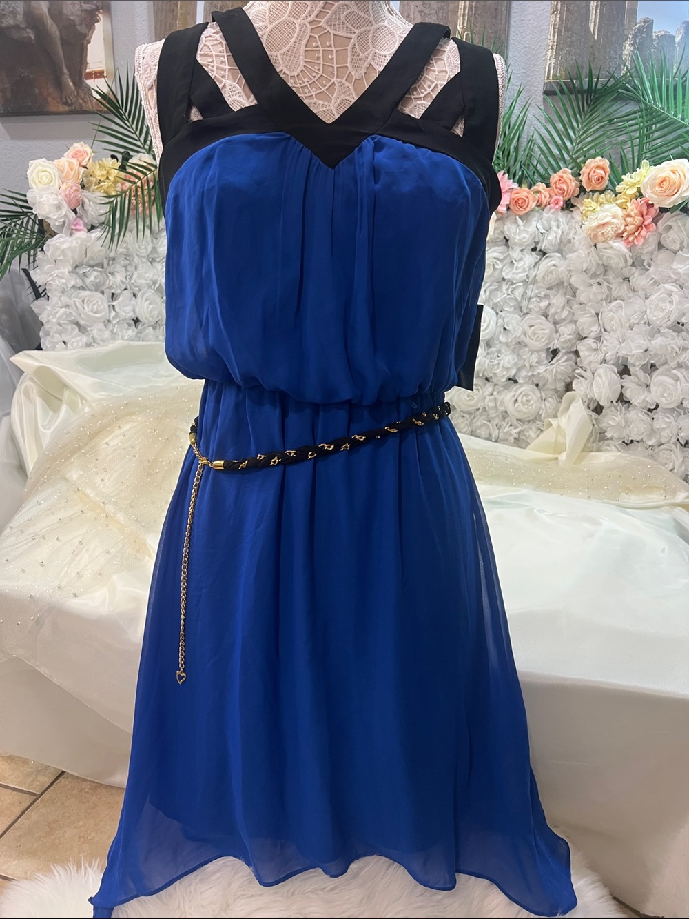 Thalia Royal Blue Midi Dress with Black Strap Accents